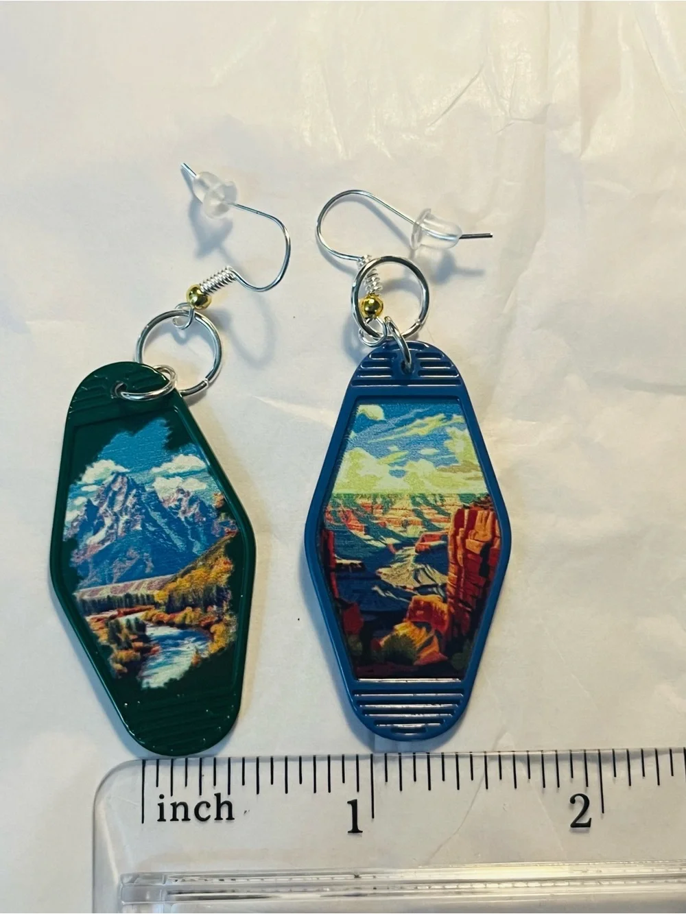 Blue & Green Vintage-Inspired Scenic Key Tag Earrings
